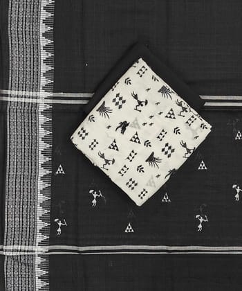 White Black Sambalpuri Handwoven Double Ikat Suit SFCSUT2327