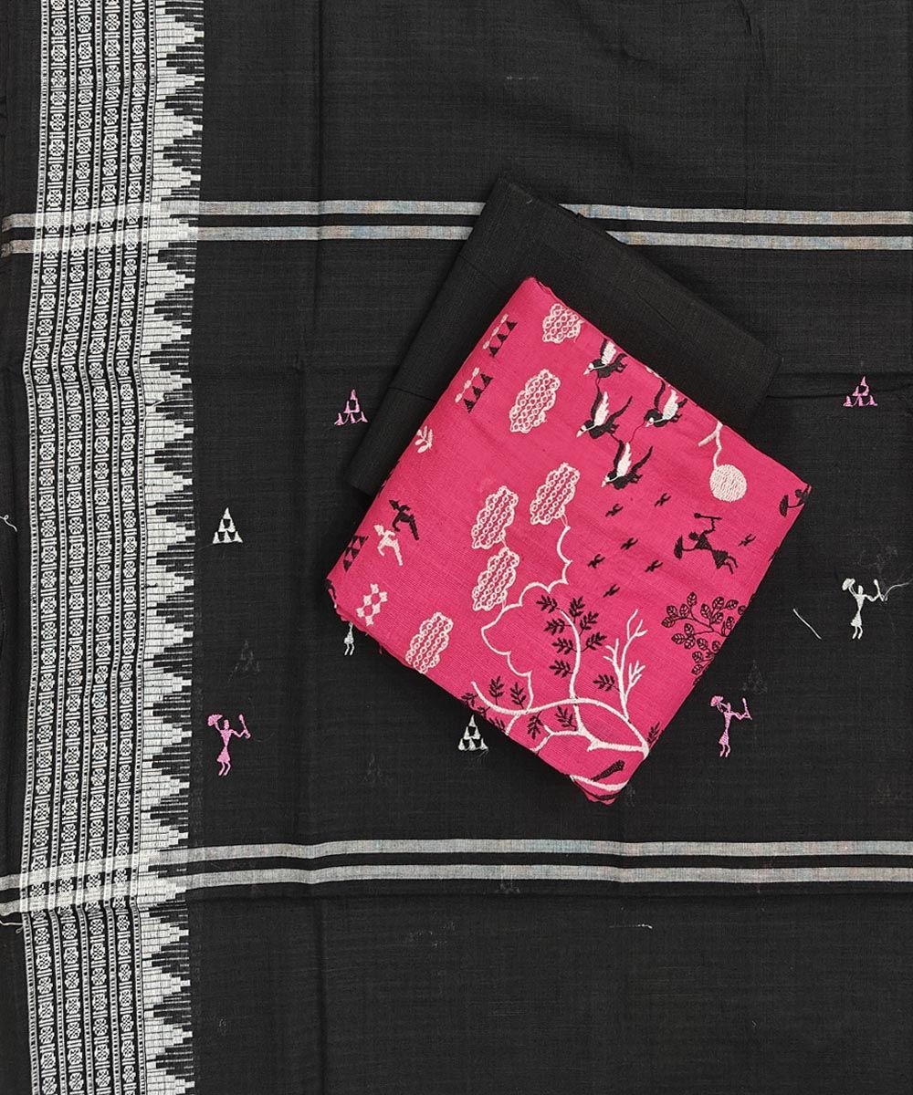 Pink Black Sambalpuri Handwoven Double Ikat Suit SFCSUT2330