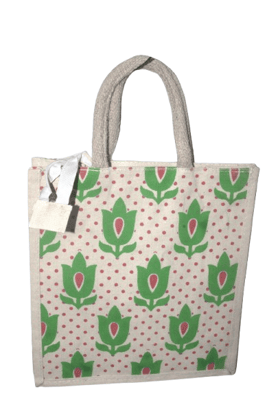 Eco-Friendly Jute Tote Bag with Green Tulip & Polka Dot Print