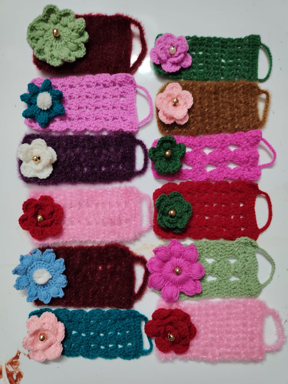 Handmade Crochet Mug & Bottle Sleeves with Floral Embellishments - Assorted Colors