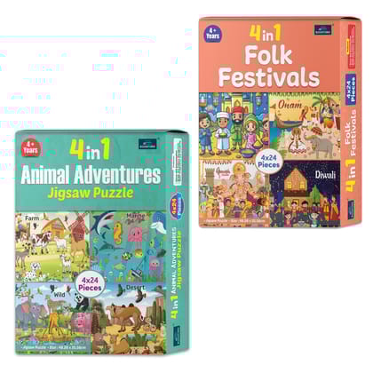4 in 1 Animal Adventure & Folk Festivals – A Fun Puzzle Combo for Kids to Learn About Different Cultures & Festivals While Exploring the World of Animals! | Set of 2