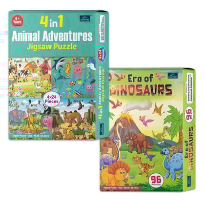 4 in 1 Animal Adventure & Era of Dinosaurs – An Exciting Puzzle Set for Kids to Learn About Ancient Creatures & Their Wild Adventures! | Set of 2