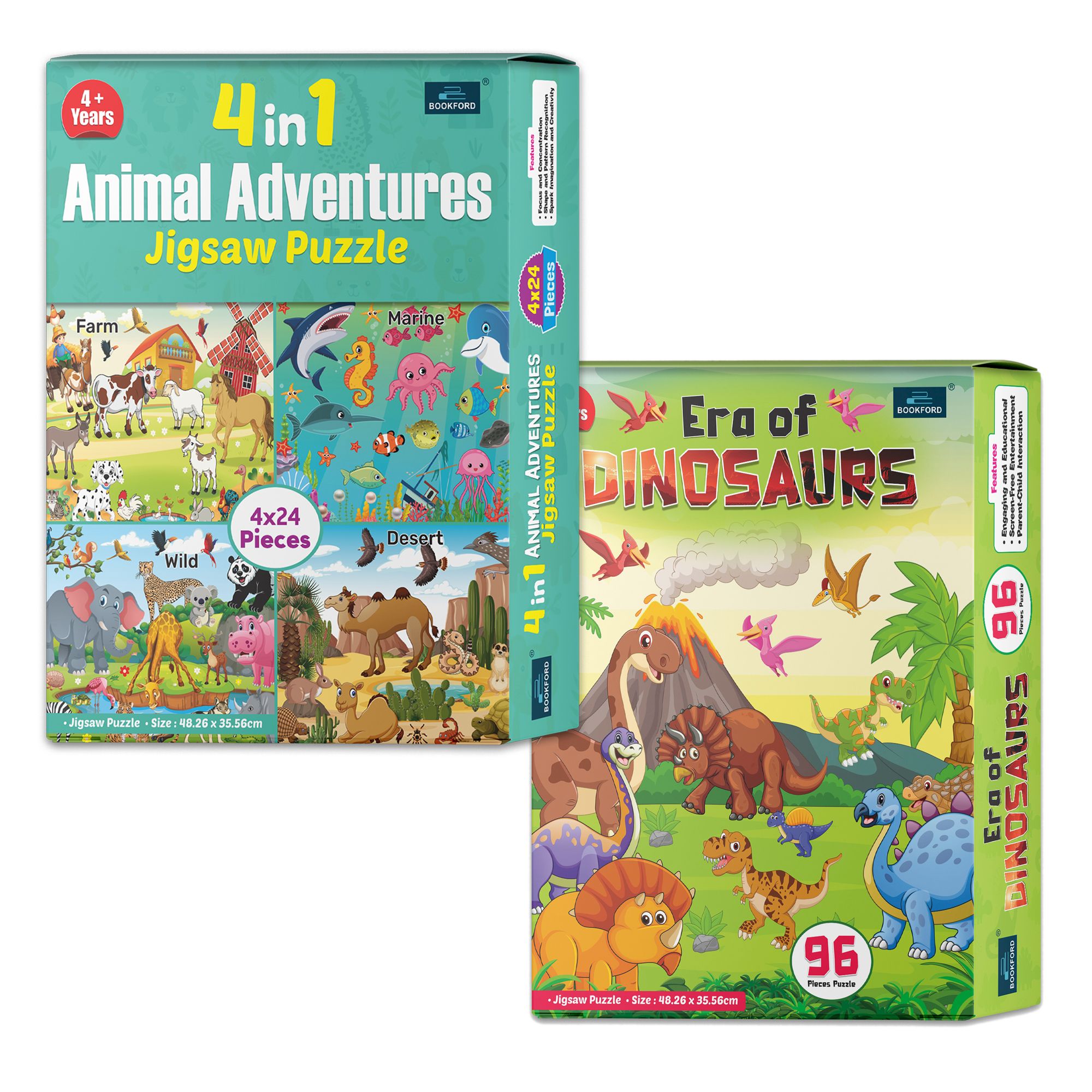4 in 1 Animal Adventure & Era of Dinosaurs – An Exciting Puzzle Set for Kids to Learn About Ancient Creatures & Their Wild Adventures! | Set of 2