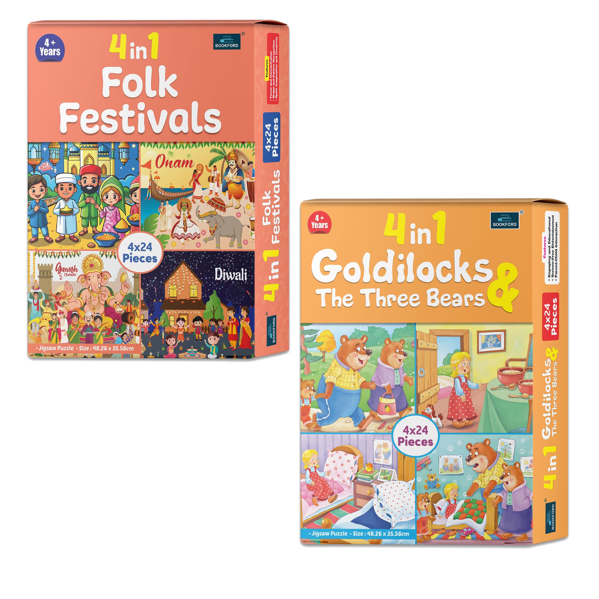 4 in 1 Folk Festivals & 4 in 1 Goldilocks – A Magical Puzzle Set for Kids to Learn About Cultural Celebrations and Enjoy a Timeless Fairy Tale Adventure! | Set of 2