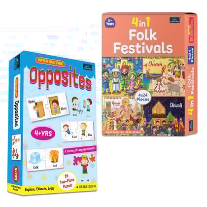 4 in 1 Folk Festivals & Opposite Words – An Educational Puzzle Combo Teaching Kids Key Vocabulary While Showing Cultural Diversity in Festive Traditions! | Set of 2