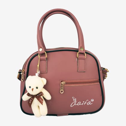 aaifa Women's Pink PU Leather Handbag with Teddy Bear Charm