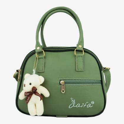 aaifa Women's Stylish Green PU Leather Handbag with Teddy Bear Keychain