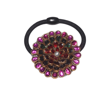 Floral Gemstone Embellished Black Elastic Hair Tie
