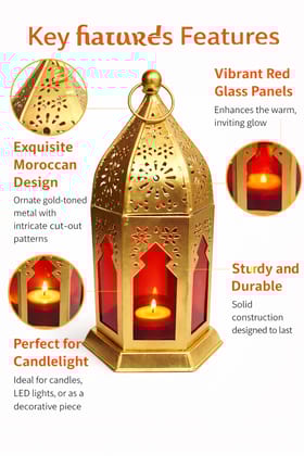Brown Moroccan Hanging Or Table Lamp For Candles, Tea Lights Or Diyas Alloy Metal Frame With Red Translucent Sides, Vintage Gold, Medium (12736C)