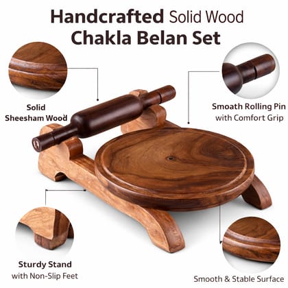 Brown Sheesham Wood Chakla Belan Stand Set For Roti Making | Wooden Rolling Board & Pin With Stand | Handcrafted Traditional Chakla Belan For Indian Kitchen | Eco-Friendly & Durable