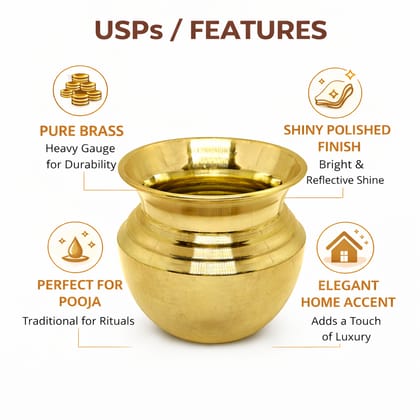 Gold Pure Brass Puja Kalash, Traditional Brass Lota For Daily Worship