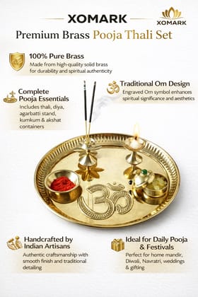 Gold Traditional Brass Pooja Thali With Om Symbol, 11 Inch Diameter, Gold Finish, Complete Aarti Set For Diwali, Navratri, Rakhi, Wedding Return Gift
