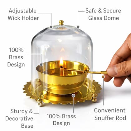 Gold Brass Akhand Jyoth Diya With Glass Cover | Deep Golden Pooja Deepak Diya With Wick Lifting Screw Lever | Perfect For Diwali, Navratri And Decoration