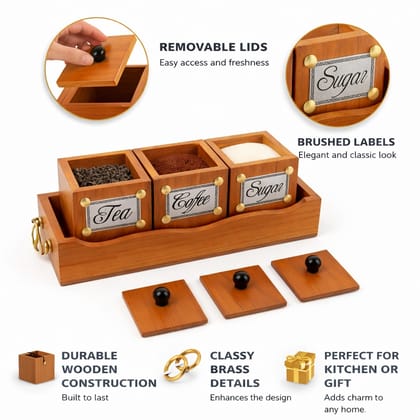 Brown Wooden Tea Coffee Sugar Container Set With Tray, Antique Look Used For Storing Tea & Coffee