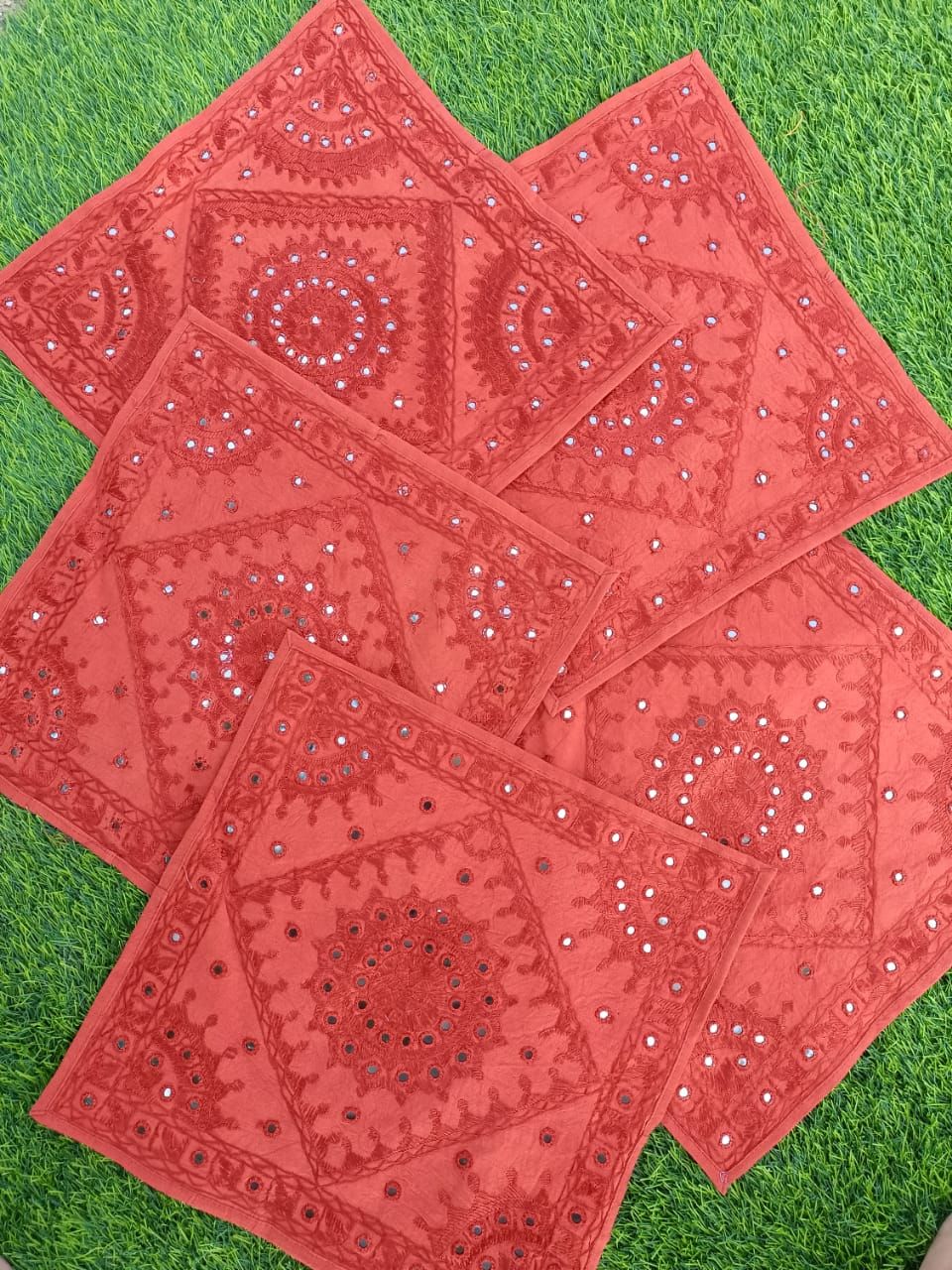 Khamma Ghani Colorful Cotton Red Cushion Covers Mirror Work-Set of 2