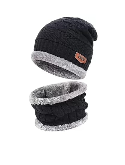 Winter Woollen Beanie Cap Scarf Set, Warm Knit Hats Skull Cap Neck Warmer (Muffler) Combo with Inside Fur | Warm Hat | Hat Scarf Set | Winter Cap | Air Proof Cap | Woolen Cap | Ear Warmer