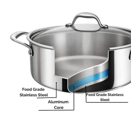 Vikas Triply Stainless Steel Casserole with Stainless Steel Lid | 20cm / 2.5L | Tri-Ply Fast & Even Heating