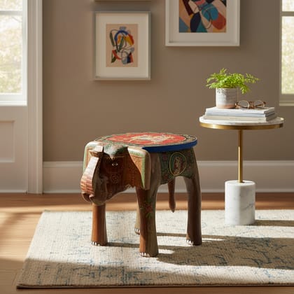 PREET GALLERY Dhola Maru Hand-Painted Wooden Elephant Stool Table, 35x 30 x 30 cm |Handcrafted Wooden Elephant Stool | Hand-Painted Rajasthani Art Side Table | Traditional Ethnic Home Decor & Seating