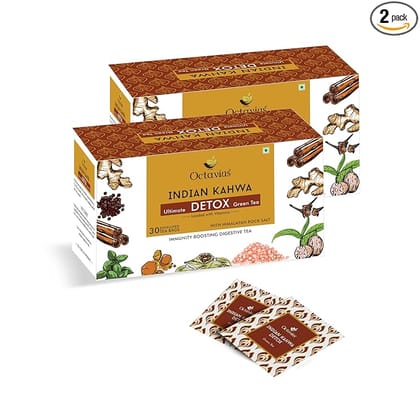 Octavius Indian Kahwa Detox Green Tea Bags - 30 Tea Bags (2 Gm Each) Pack of 2 | 100% Natural | Antioxidant-rich | Improves Metabolism | Detox Green Tea Bags | May Help In Weight-loss