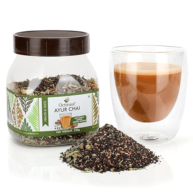 Octavius Ayur Chai - 250 Gms Jar | 8 Ayurvedic Herbs And Spices | Herbal Tea | 100% Natural | Made With Exotic Indian Ayurvedic Herbs | Immunity Booster | Nature Care Tea