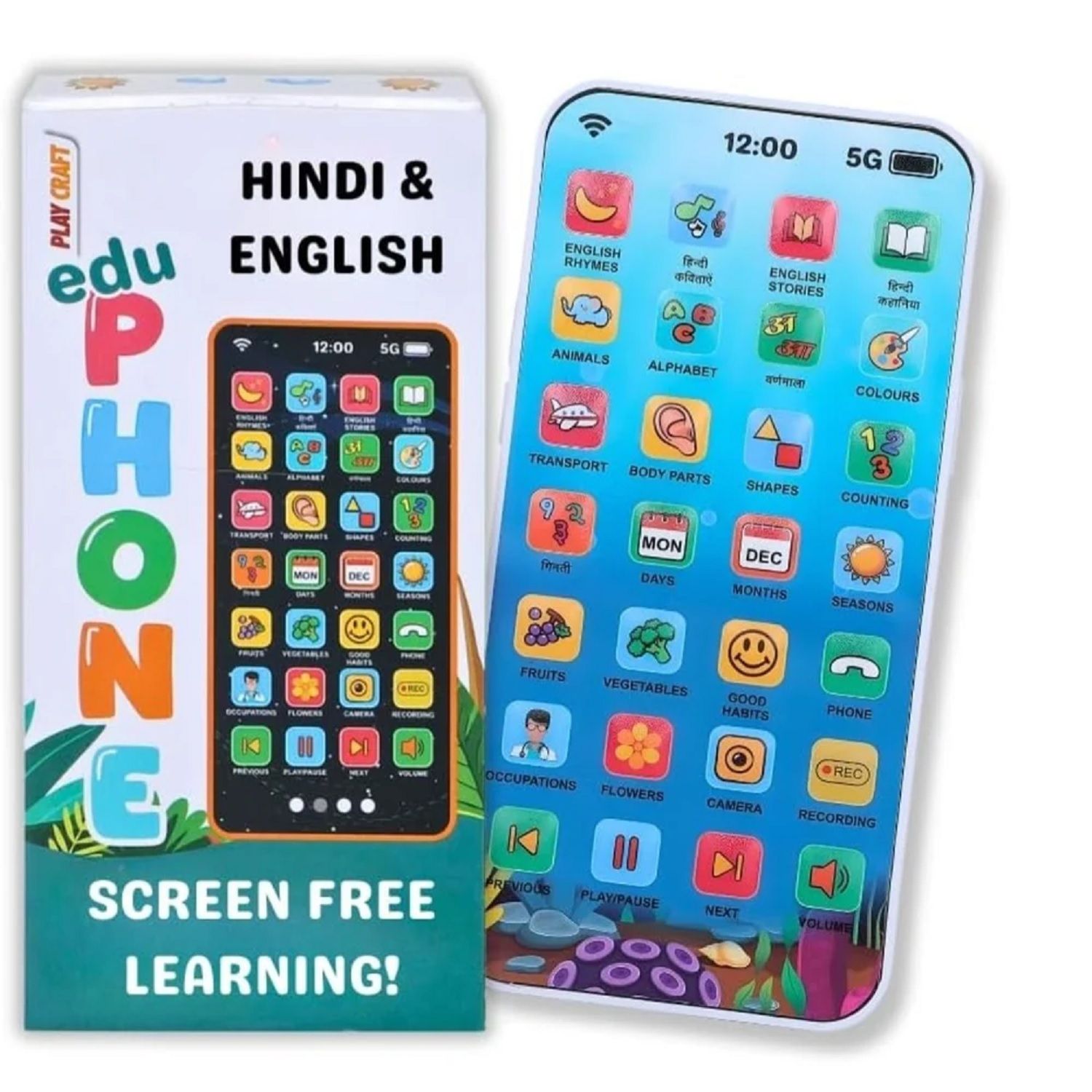 KTRS Enterprise EduPhone Educational Type-C Rechargeable Musical Toy 28 Functions, Alphabet, Numbers, Varnmala, Animal Sounds, Nursery Rhymes in English & Hindi for Age 2 Years to 10 Years