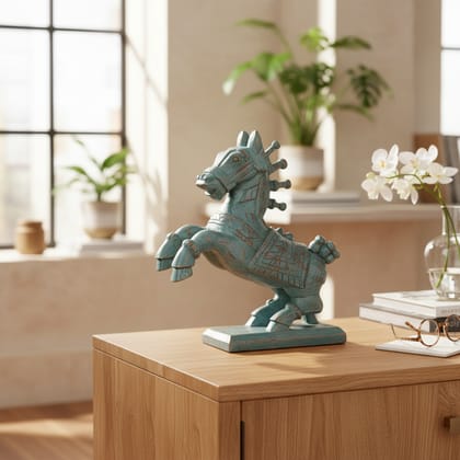 PREET GALLERY Handcrafted Wooden Horse Statue | Antique Blue Finish | Decorative Figurine for Living Room, Office & Home Decor | Wooden Horse Decorative Showpiece | Elegant Home Decor & Gift Item