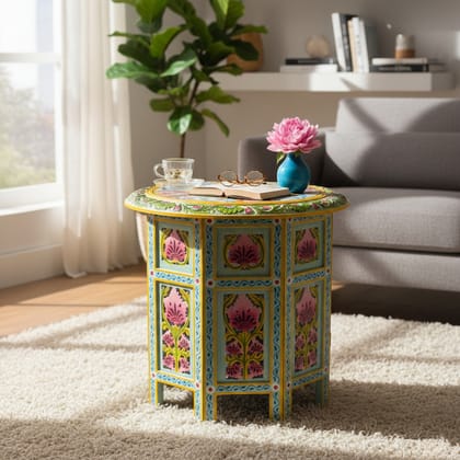 PREET GALLERY Handcrafted Wooden Round Side Table-Stool with Hand-Painted Floral Design - Traditional Indian Home Decor Accent Furniture, Coffee Table