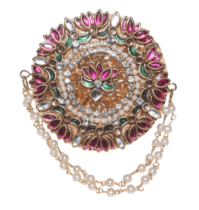 Gold Plated Kundan & Pearl Traditional Brooch with Dangle Chains