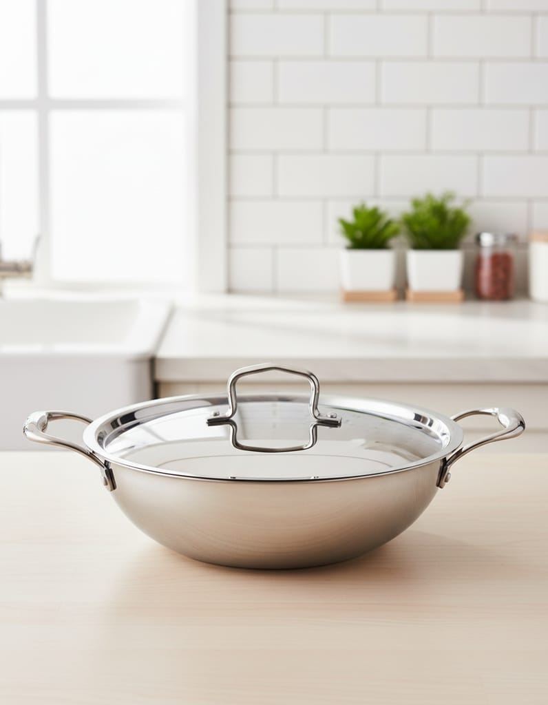 Tri-Ply Stainless Steel Deep Kadhai with Stainless Steel Lid | 26cm / 4L | Even-Heat 3-Ply Steel | Induction Compatible | Metal-Spoon Safe