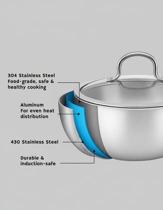 Vikas Tri-Ply Stainless Steel Deep Kadhai with Stainless Steel Lid | 26cm / 4L | Even-Heat 3-Ply Steel | Induction Compatible | Metal-Spoon Safe