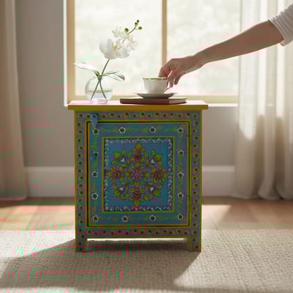 PREET GALLERY Rustic Hand-Painted Wooden Side Cabinet Perfect for a Bedside Table in Your Bedroom or as an Accent Cabinet Beside a Hall-Side Sofa