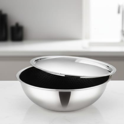 Vikas Triply Honeycomb Stainless Steel Tasla/Tasra with Stainless Steel Lid | 26cm / 2.5 Litre | Metal-Spoon Safe | Tri-Ply Fast & Even Heating 