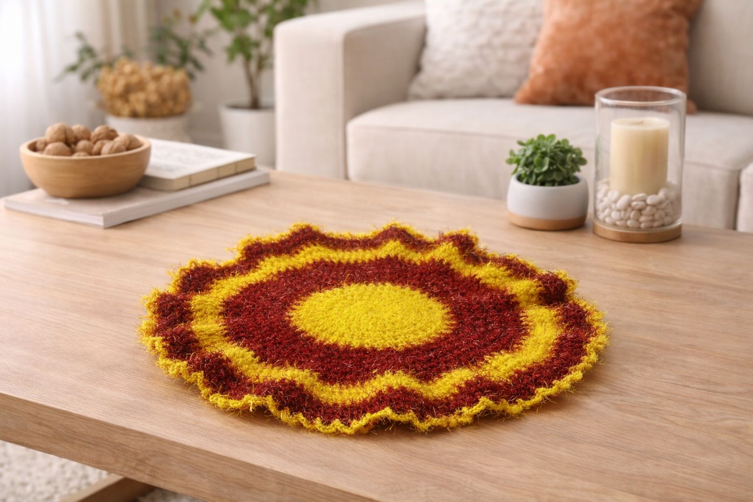 Handmade Crocheted Yellow & Burgundy Round Placemat