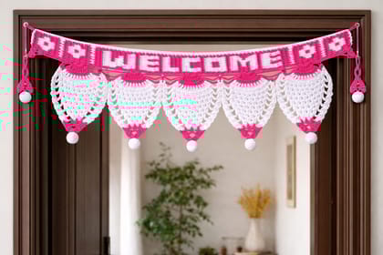 Handmade Crochet Welcome Toran with Pink & White Design for Door Decoration