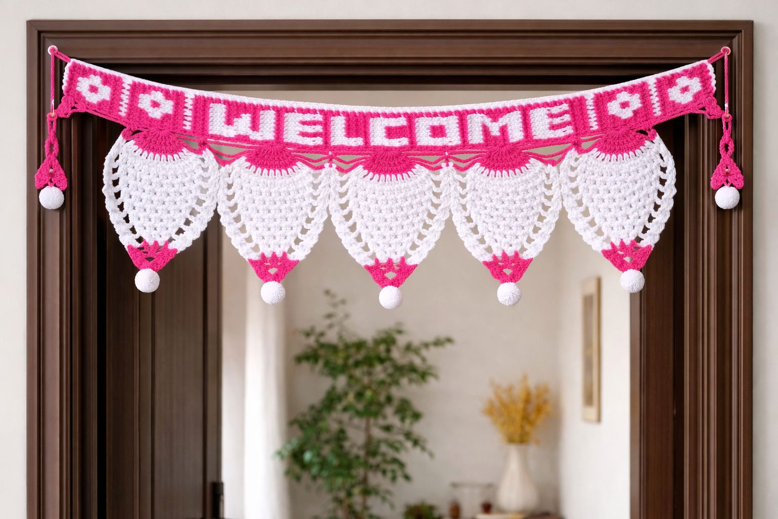 Handmade Crochet Welcome Toran with Pink & White Design for Door Decoration