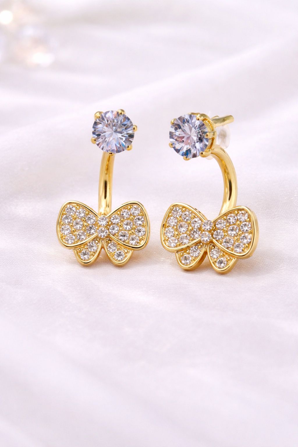 Stylish Gold Plated Bow Design American Diamond Earrings for Women & Girls
