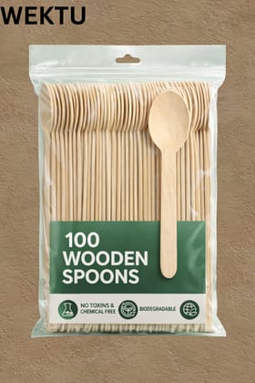 "WEKTU Premium 14cm Wooden Spoons | 100% Natural & Biodegradable | Eco-Friendly Disposable Cutlery | Food Safe, Chemical Free & Sustainable (Pack of 100)"