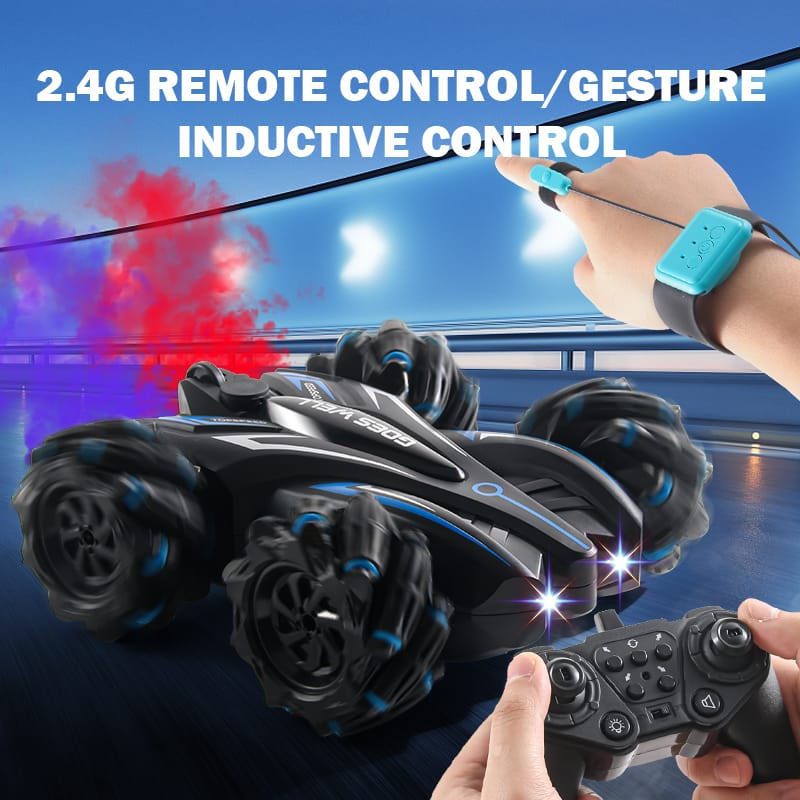 RC Stunt Car with Dual Remote Control (Gesture + RC Controller), 360° Rotating Drift Car, Fog Spray Effect, LED Lights, 4WD Double Sided Stunt Car for Kids & Adults