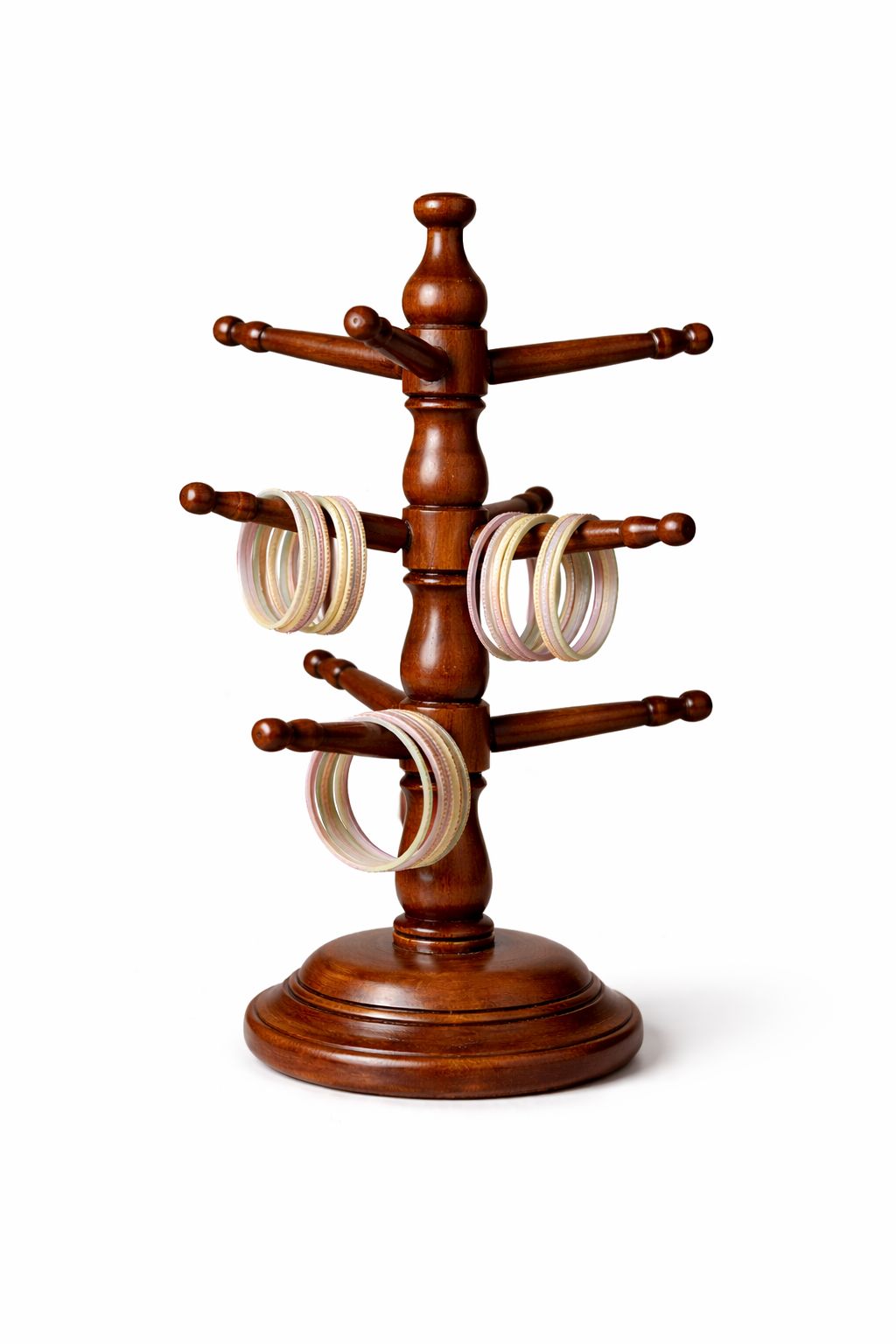 Brown Wooden Bangle Stand, Ato Z Traditional Rotating Display Holder, 3-Tier Jewelry Organizer For Bracelets