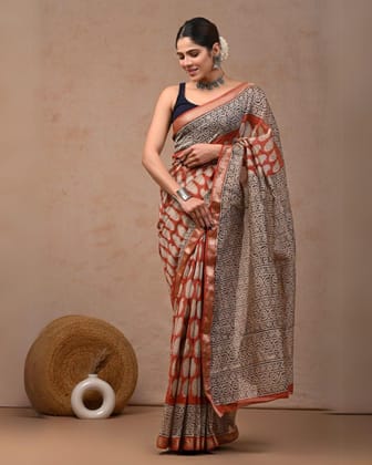 Melodic Maheshwari Pure Silk Red Saree Blockprint