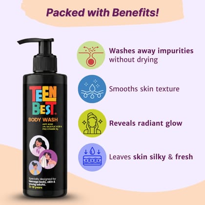 Healthbest Teens Anti Acne Body Wash for Back Acne & Body Pimples - 200ml Daily Shower Gel for Oily Skin & Odour Control for Boys & Girls (13 -19 Years)