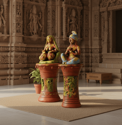 Hand-Painted Rajasthani Folk Artist Terracotta Pedestal Set (Pair of 2)