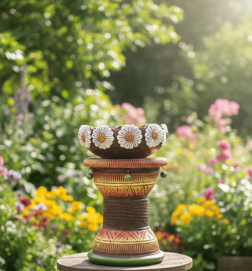 Handcrafted Terracotta Garden Pedestal with White Daisy Relief