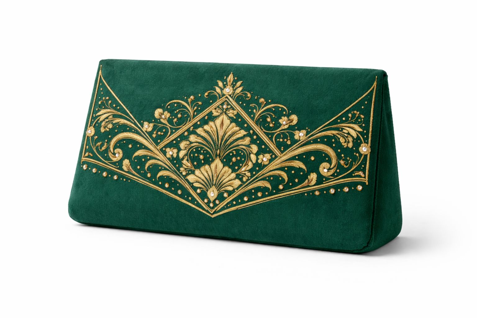 Emerald Green Velvet Clutch with Gold Embroidery and Pearl Embellishments