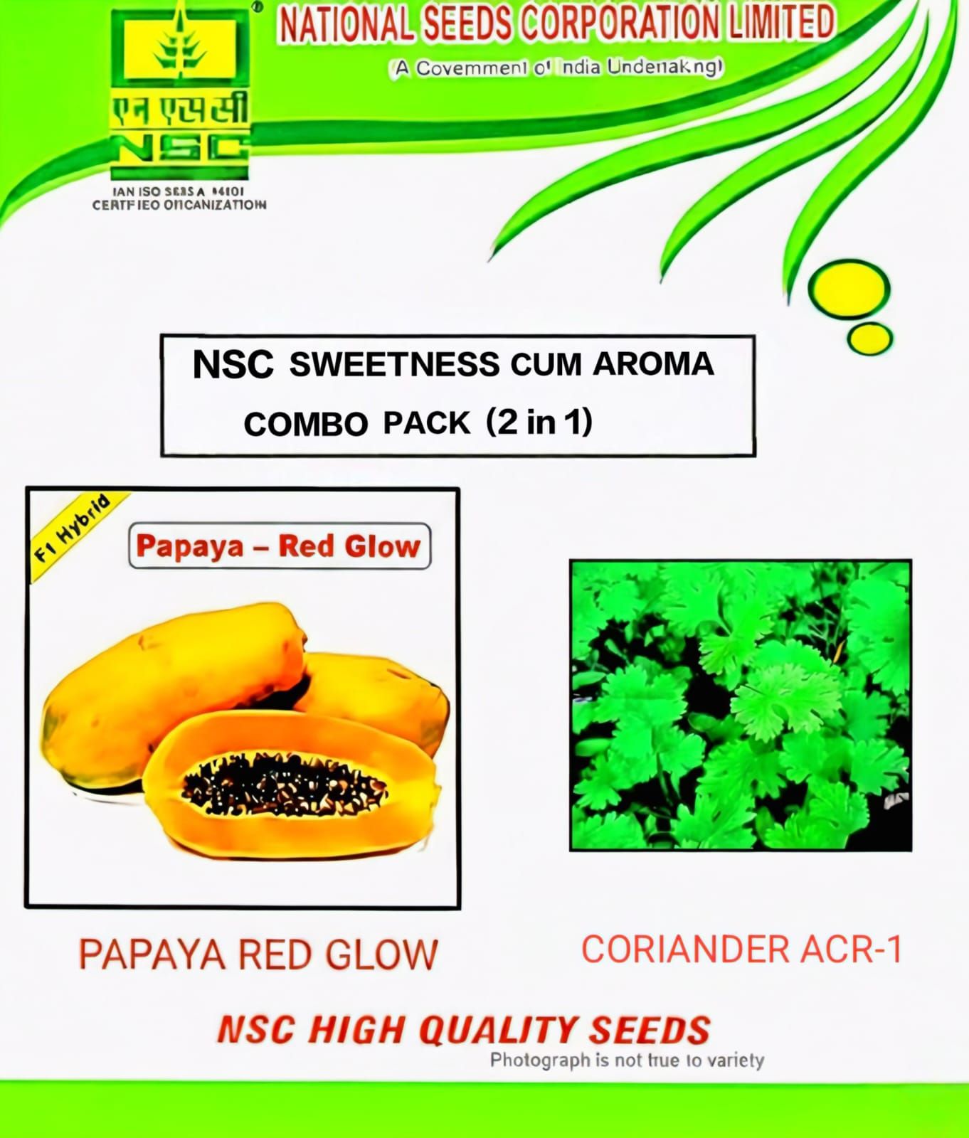 NSC Sweetness cum Aroma COMBO PACK ( PAPAYA RED GLOW - F1 HYBRID, TL seeds 1 gm seed packet +Coriander ACR-1 TL Seeds 50gm seed packet)