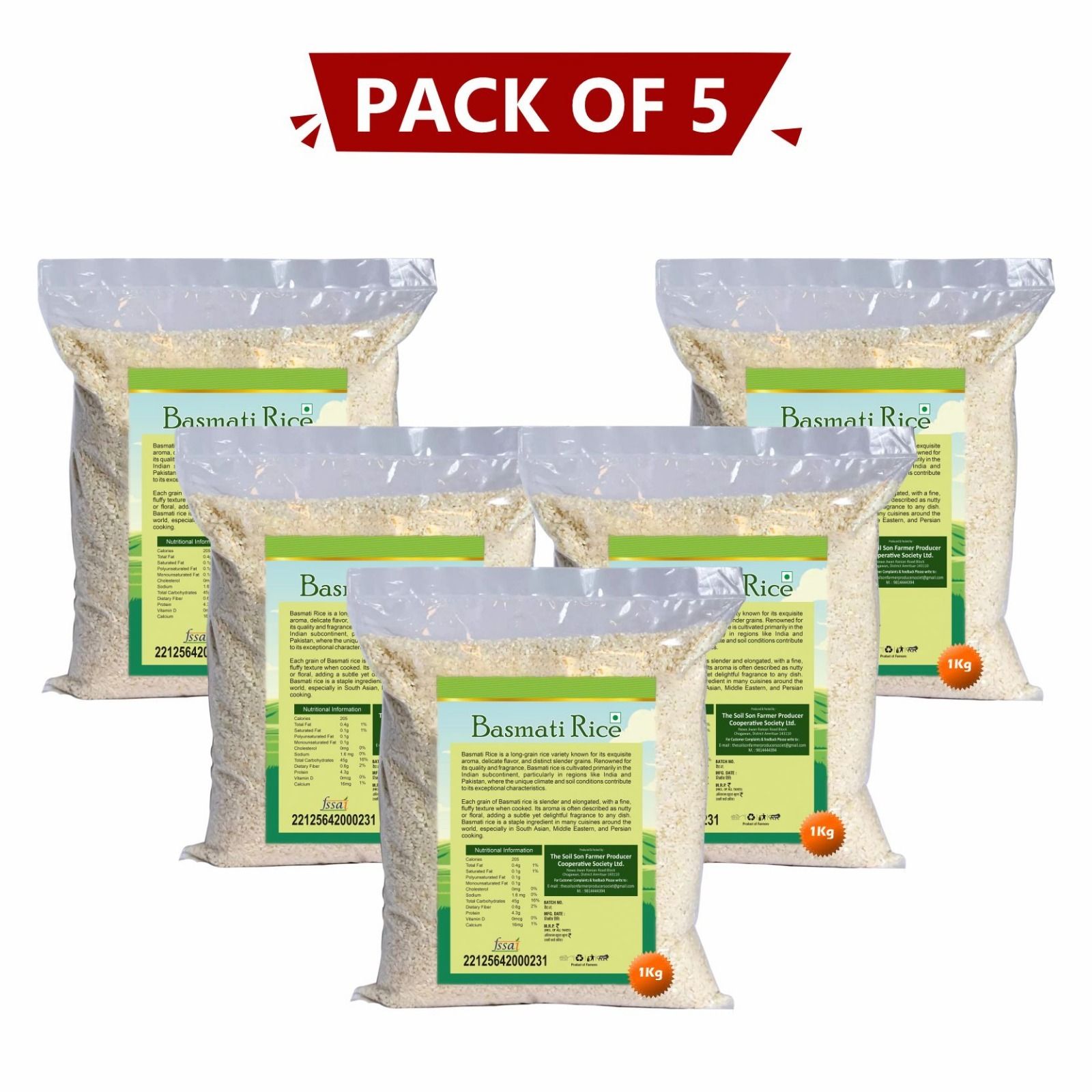 Basmati Rice 1 Kg, Extra Long Grain, Pack of 5