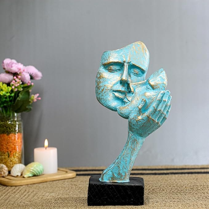 Modern Abstract Figure Face Sculpture with Hand, Antique Blue & Gold Resin