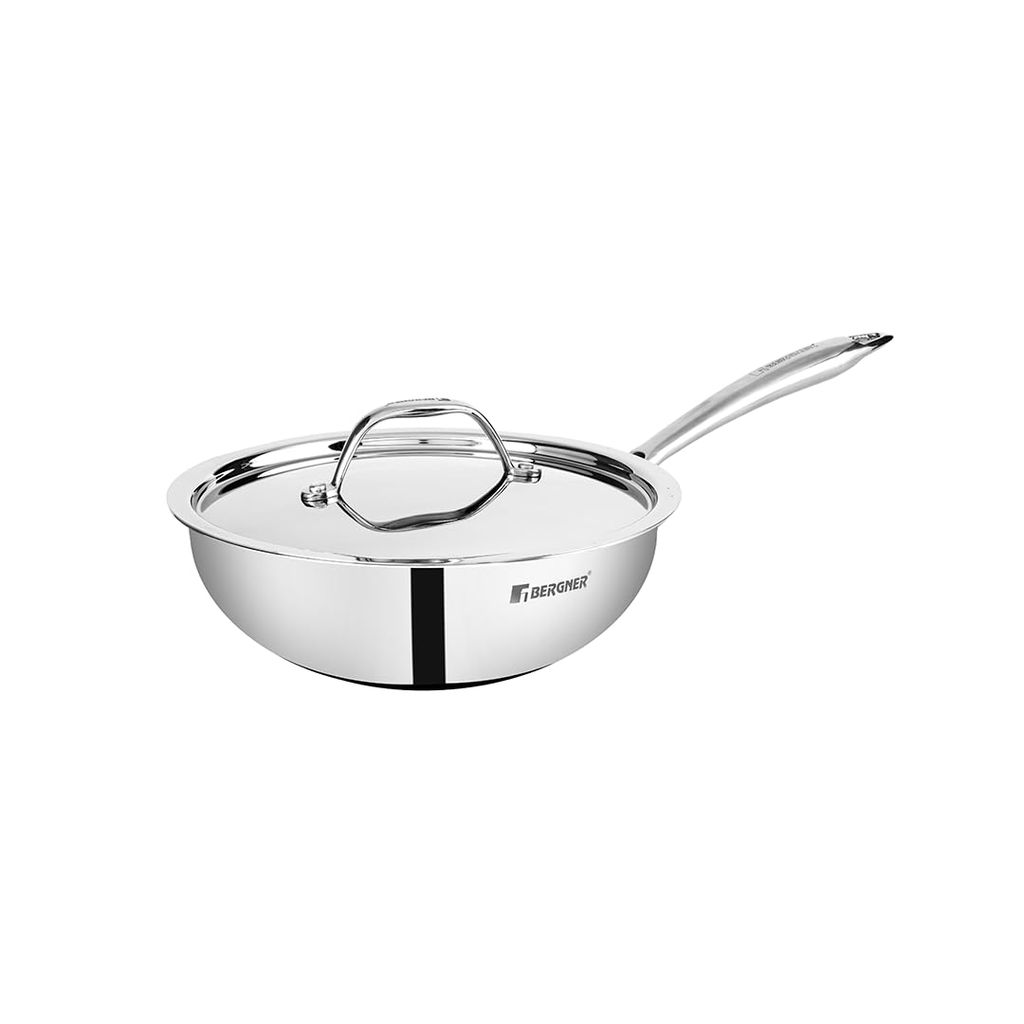 BERGNER Argent TriPly Stainless Steel 22cm Wok with Stainless Steel Lid, 2.2 L Kadai with Long Handle, Less Oil Use, Healthy Cooking, Food Safe, Flared Rim, Durable - Induction Bottom and Gas Ready - Cookware | Buy online on ZillyBuy