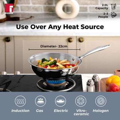 BERGNER Argent TriPly Stainless Steel 22cm Wok with Stainless Steel Lid, 2.2 L Kadai with Long Handle, Less Oil Use, Healthy Cooking, Food Safe, Flared Rim, Durable - Induction Bottom and Gas Ready