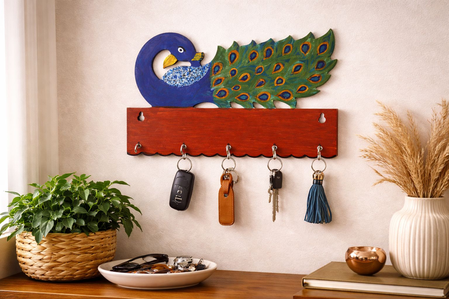 Handcrafted Wooden Peacock Key Holder with 5 Hooks